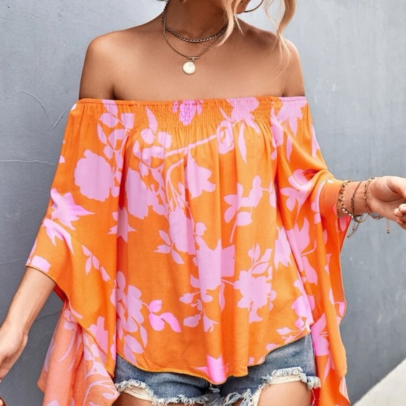 Tops - Off the shoulder ruffle flowy boho floral print top blouse orange pink